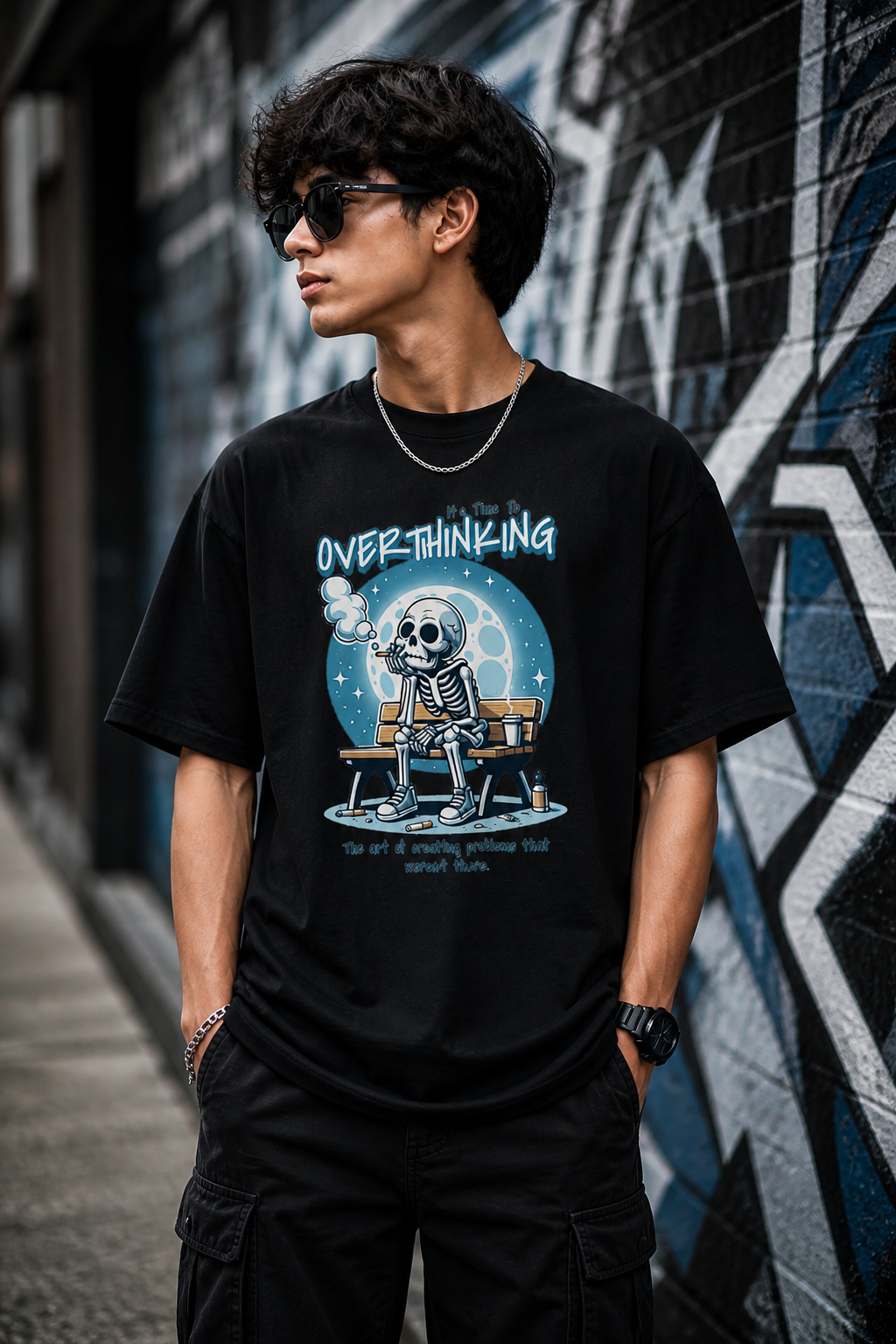 Overthinking Skeleton Graphic T-Shirt | Unisex Cotton Black T-Shirt
