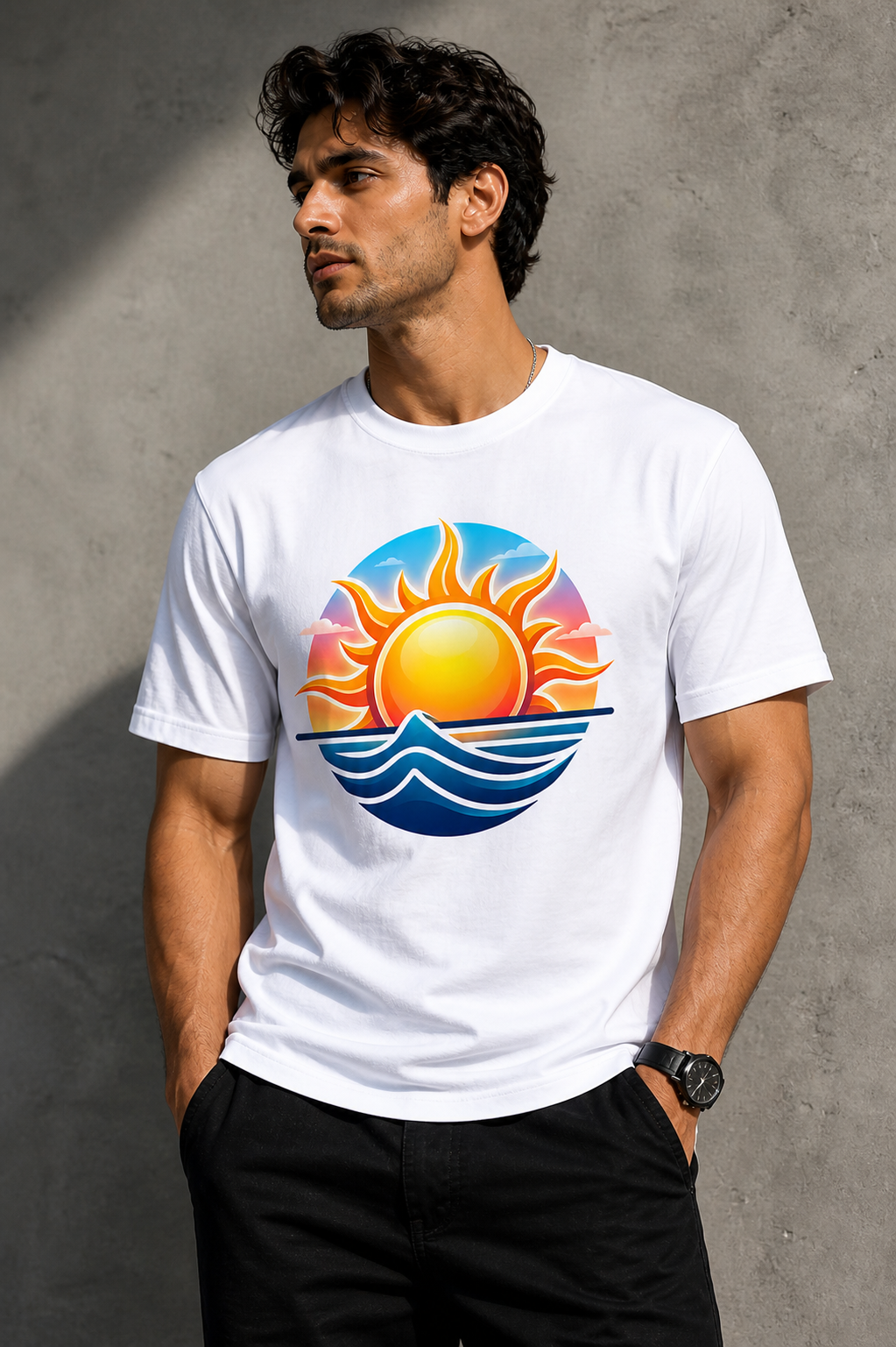 Sunset Waves Graphic T-Shirt | Summer Beach Vibes Tee | Unisex Classic Crew T-Shirt