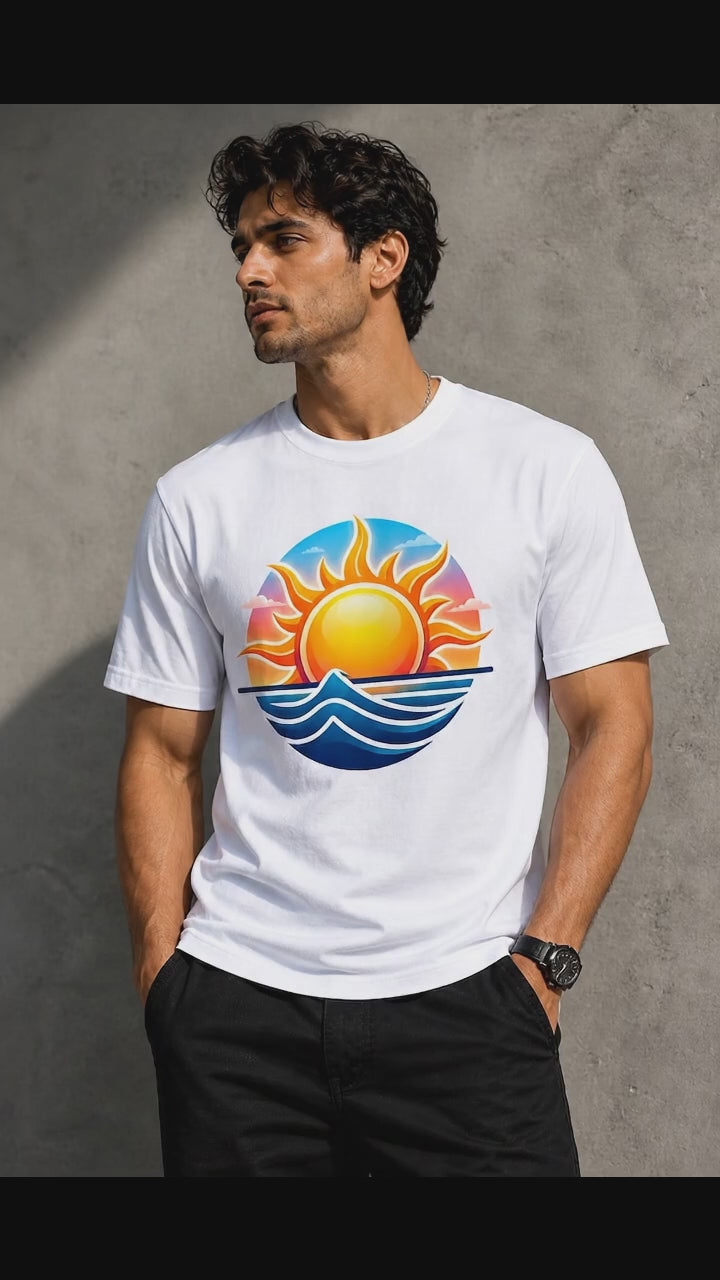 Sunset Waves Graphic T-Shirt | Summer Beach Vibes Tee | Unisex Classic Crew T-Shirt